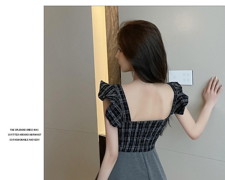 Đầm Ngắn Nữ Cổ Chữ V Xẻ Sâu Thiết Kế Phối Màu dáng chữ A Màu Xám, Trắng chi tiết 7