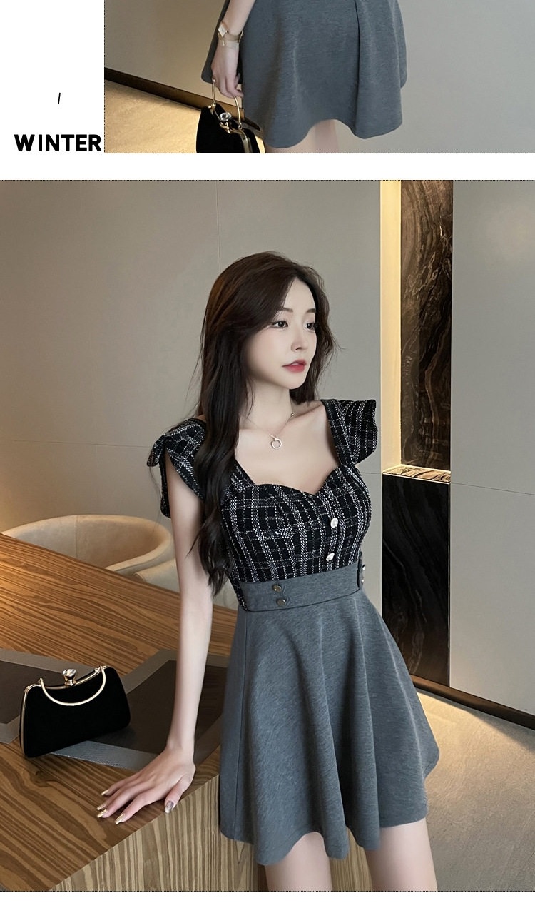 Đầm Ngắn Nữ Cổ Chữ V Xẻ Sâu Thiết Kế Phối Màu dáng chữ A Màu Xám, Trắng chi tiết 8