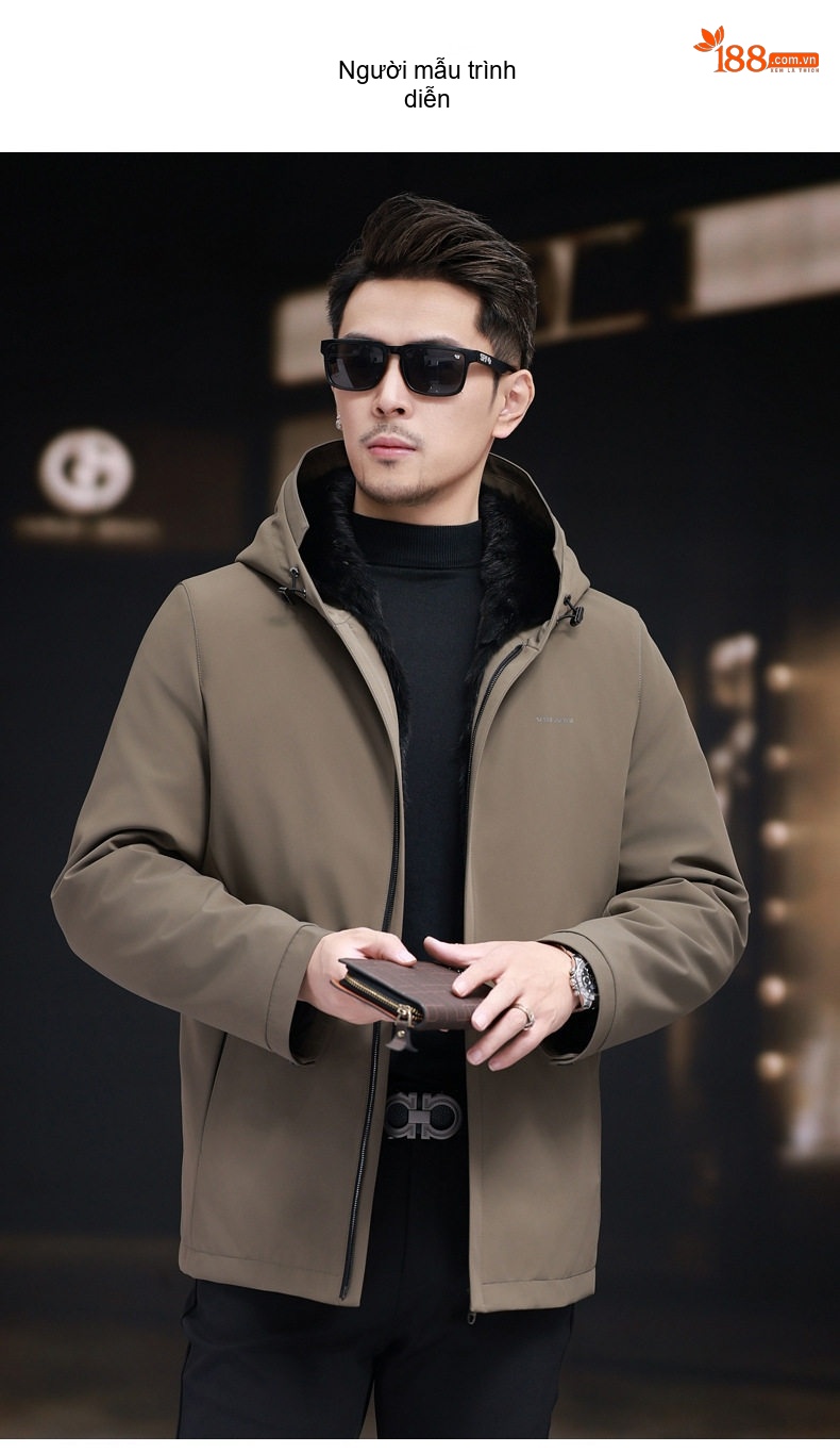 Áo Parka Nam Dáng Dài Lót Lông Chồn Nguyên Miếng Có Mũ Màu Nâu chi tiết 6