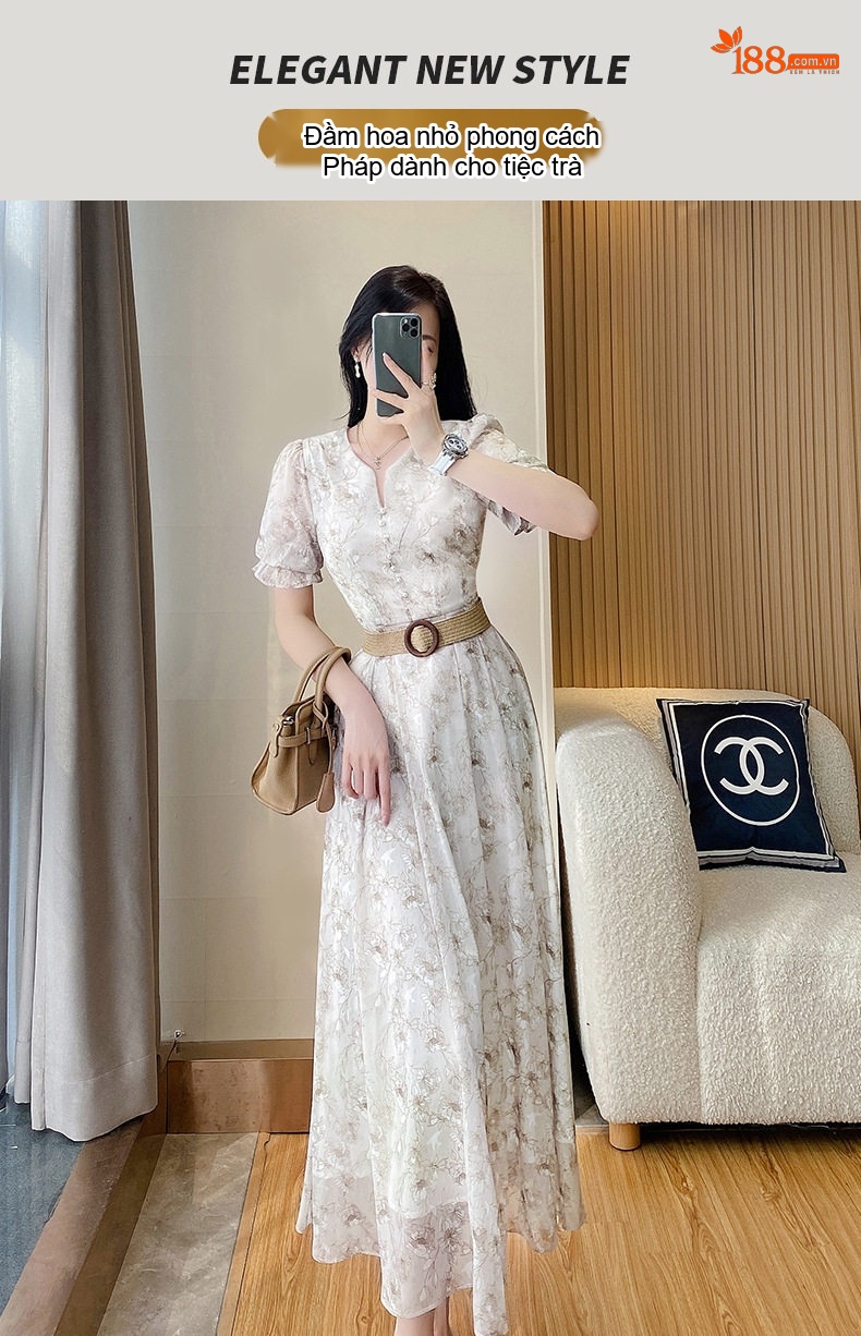 Váy Midi Nữ Tay Ngắn Họa Tiết Hoa Nhí Thắt Eo Phong Cách Pháp chi tiết 1