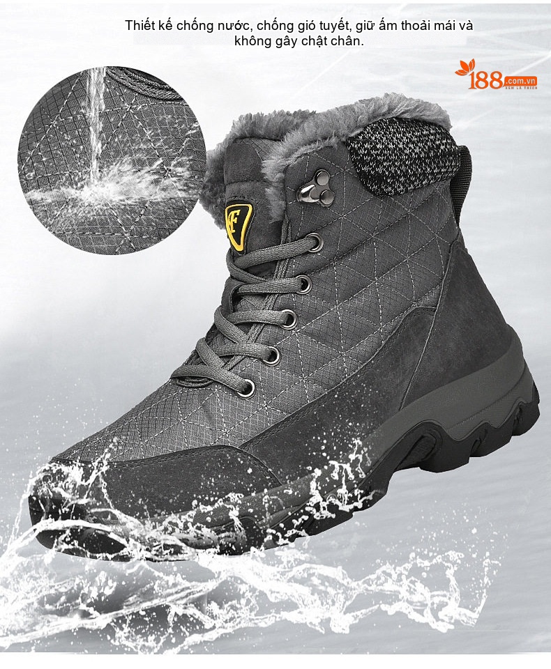 Giày Boot Nam Cổ Cao Lót Lông Đi Tuyết Chống Trượt Chiều Cao Đế Khoảng 4cm Màu Đen, Xám chi tiết 4