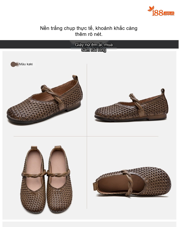 Giày Búp Bê Nữ Bệt Đan Thủ Công Phong Cách Cổ Điển Chiều Cao Đế Khoảng 1cm Màu Nâu chi tiết 16