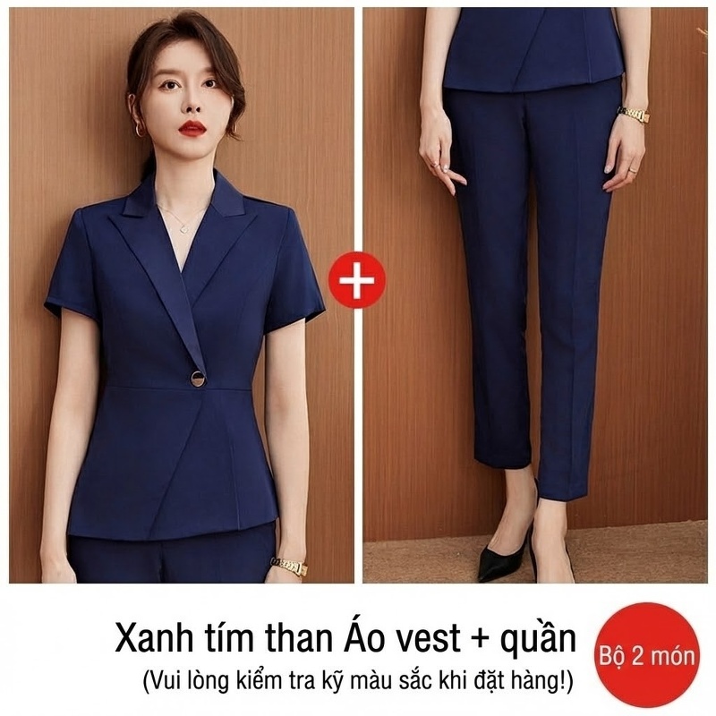Bộ Vest Công Sở Nữ Tay Ngắn Quần/Chân Váy Màu Xanh Navy, Xám, Đen
