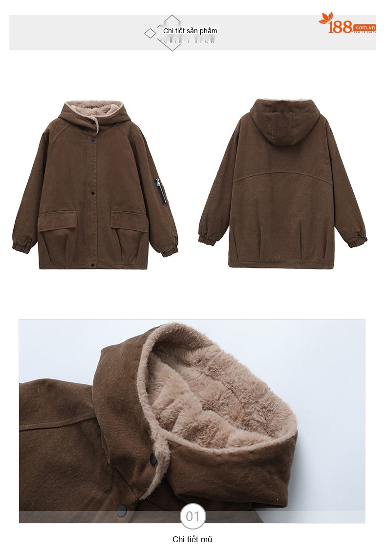 Áo Khoác Nữ Cotton Lót Lông Cừu Non Dày Dặn Có Mũ Trùm Đầu Màu Đỏ, Nâu, Đen chi tiết 18