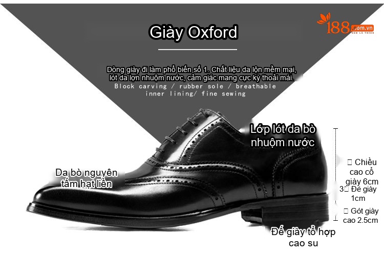 Giày Oxford Brogue Nam Da Bò Chiều Cao Đế Khoảng 3cm Màu Đen, Nâu chi tiết 2