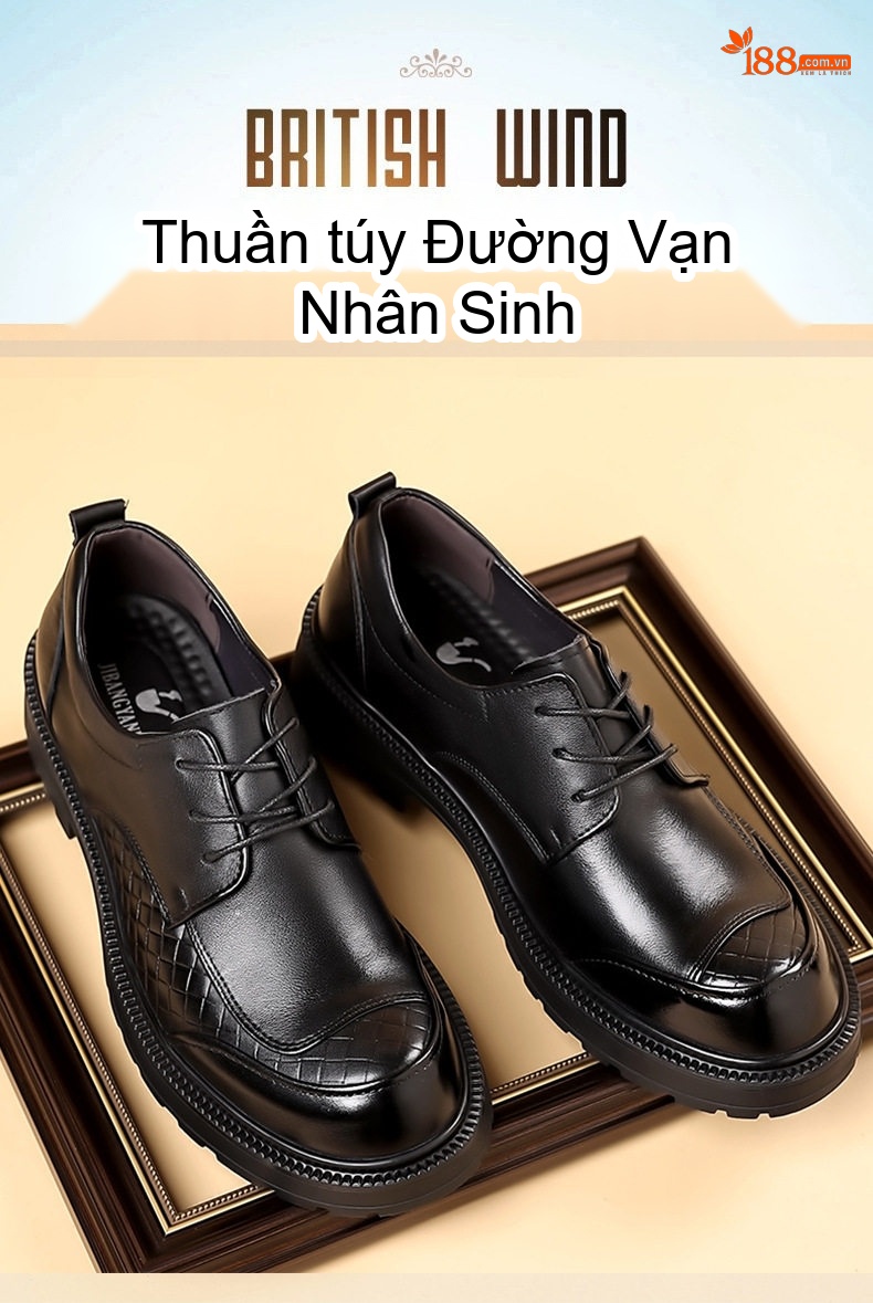 Giày Tây Buộc Dây Nam Da Bò Chiều Cao Đế Khoảng 3.5cm Màu Đen, Nâu chi tiết 3