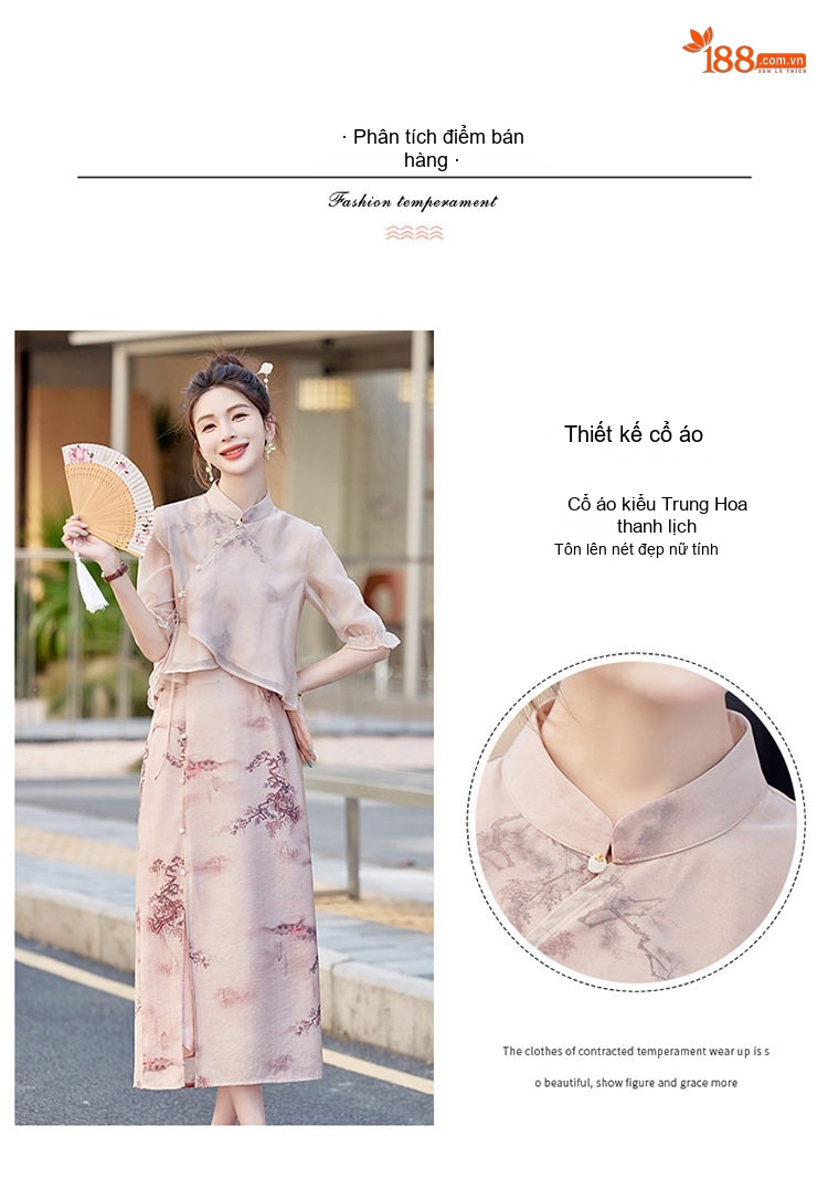 Set Áo Kiểu Cổ Tàu Tay Lỡ và Chân Váy Dài Xẻ Tà Họa Tiết Phong Cách Trung Hoa Màu Kem chi tiết 3