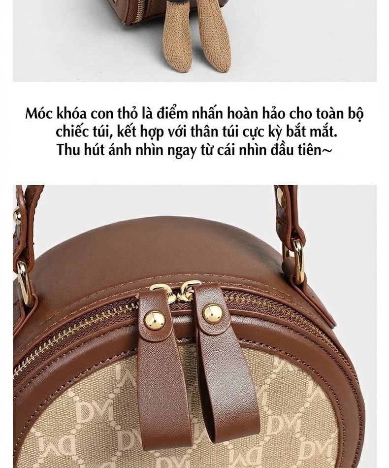 Túi Xách Nữ Mini Dáng Tròn Da Bóng Đeo Chéo Xách Tay Màu Nâu, Be chi tiết 9
