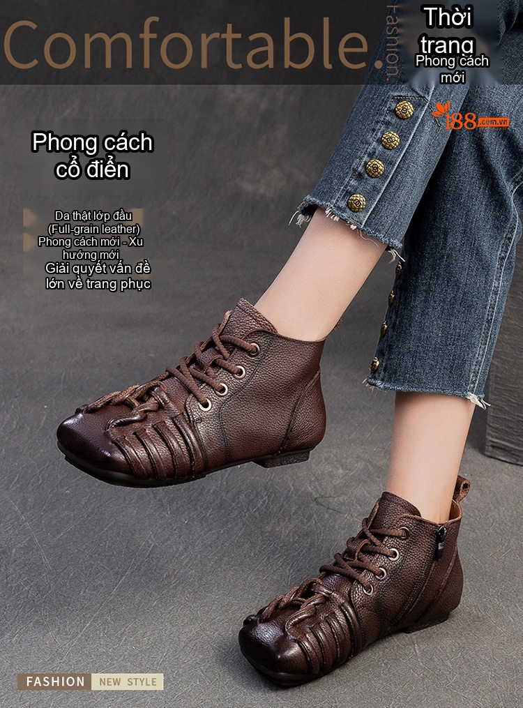 Giày Boot Nữ Da Bò Cổ Ngắn Buộc Dây Chiều Cao Đế Khoảng 2cm Màu Đen, Nâu chi tiết 1