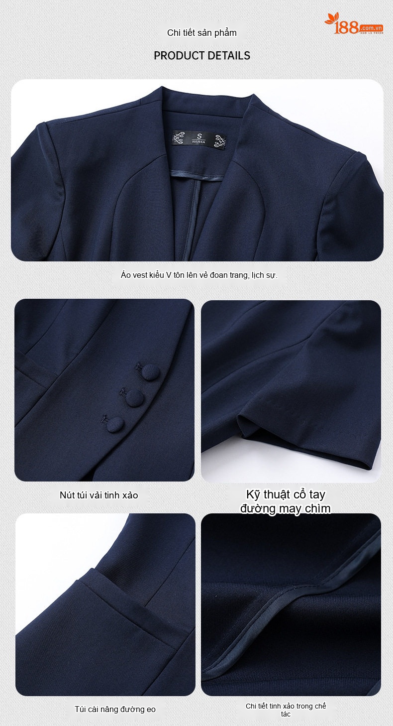Bộ Vest Công Sở Nữ Tay Ngắn Cao Cấp, Sang Trọng Màu Xám, Xanh Navy chi tiết 12