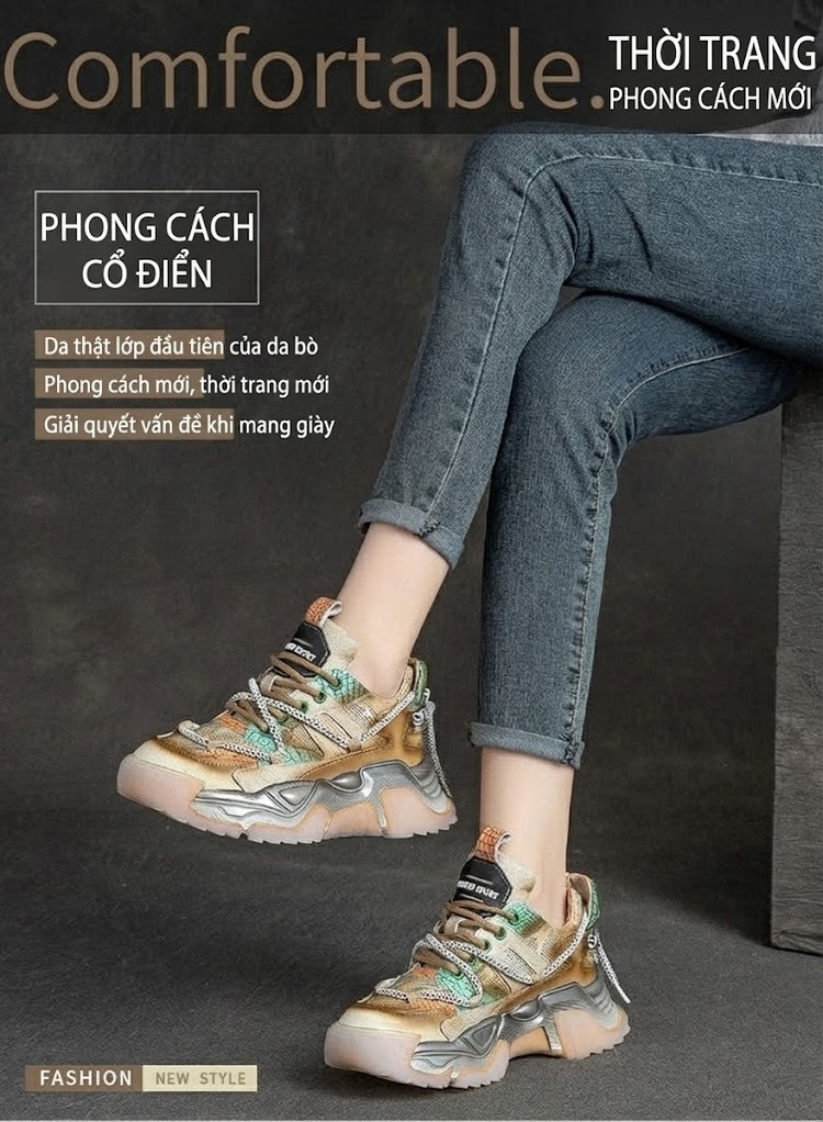 Giày Thể Thao Nữ Da Bò Phối Màu Chiều Cao Đế Khoảng 5cm Màu Bạc, Xám, Xanh, Nâu... chi tiết 1