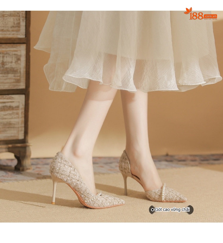 Giày Cao Gót Nữ Da Cừu Mũi Nhọn Hở Bên Chiều Cao Đế Khoảng 7cm Màu Đen, Kem chi tiết 6