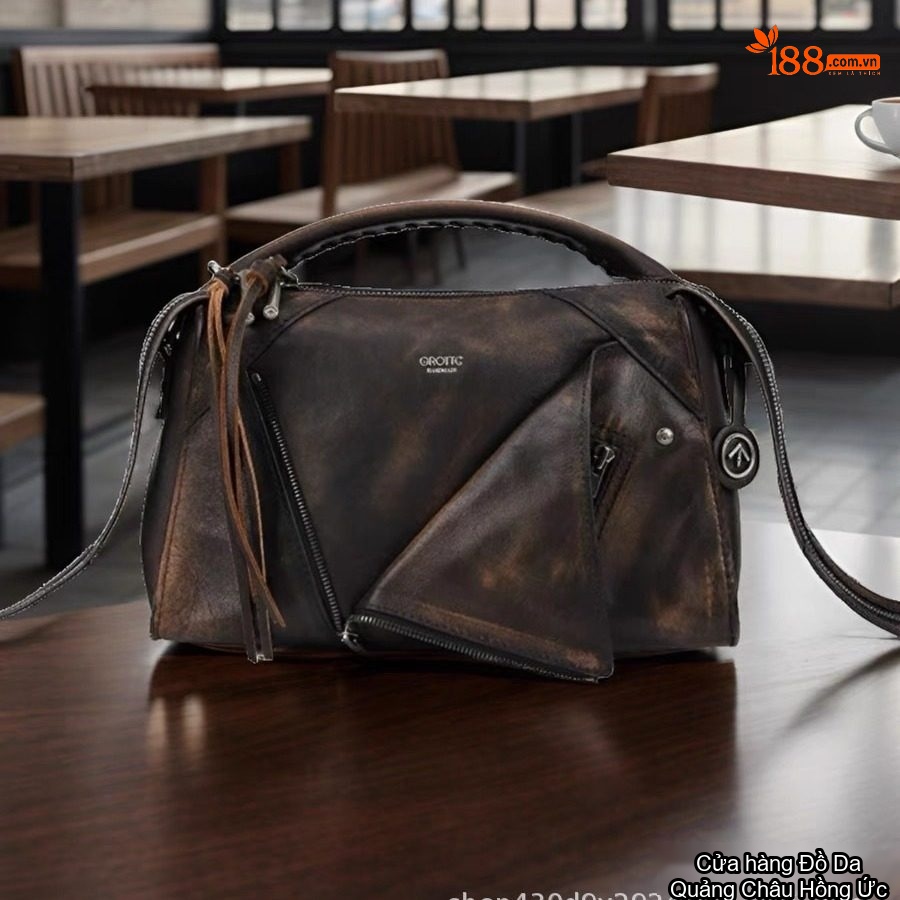 Túi Đeo Vai Nữ Da Bò Mini Vintage Thêu Hoa Đeo Chéo, Xách Tay Màu Nâu, Đỏ chi tiết 14