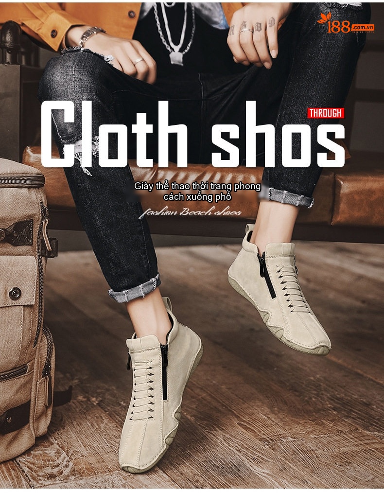 Giày Martin Nam Cổ Cao Vải Canvas Khóa Zip Chiều Cao Đế Khoảng 3cm Màu Be, Xám, Xanh Dương chi tiết 4