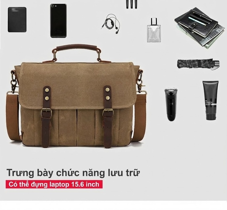 Túi Đeo Chéo Nam Vải Canvas Phối Da Bò Túi Máy Ảnh Phong Cách Retro chi tiết 11