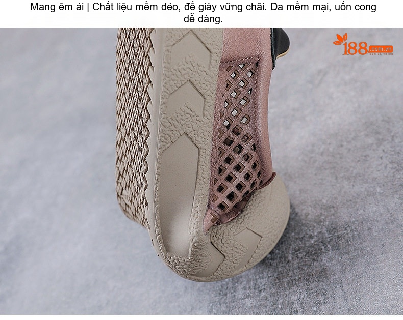 Giày Búp Bê Nữ Da Bò Lỗ Thoáng Khí Đế Bằng Đế Cao 3cm - 4cm Màu Kem, Hồng chi tiết 10