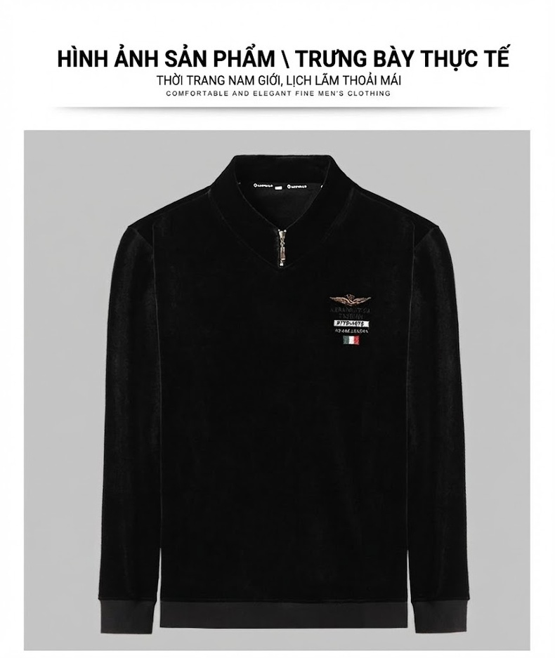Áo Thun Dài Tay Nam Cổ Lọ Khóa Kéo Vải Nhung Dày Dặn Lót Lông Màu Xanh, Đen, Nâu, Tím... chi tiết 6