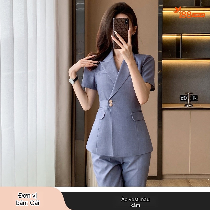 Bộ Vest Công Sở Nữ Tay Ngắn Áo Blazer Quần/Chân Váy Màu Xám, Đen, Xanh Dương