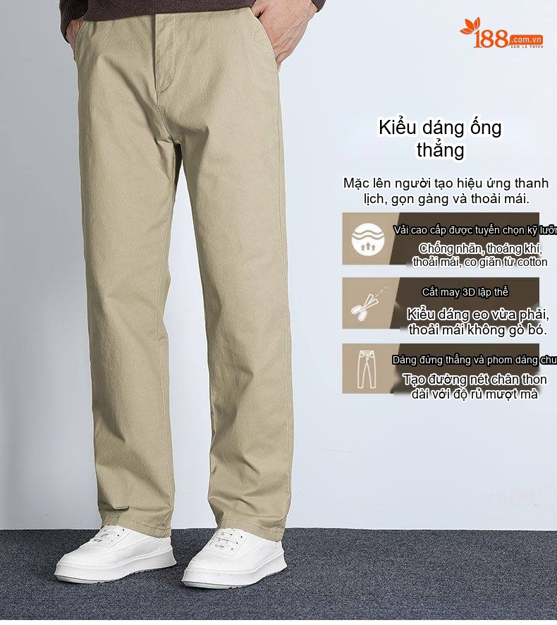 Quần Dài Nam Cotton Ống Suông Rộng Thoải Mái Màu Be, Đen, Xanh Navy, Xám chi tiết 3