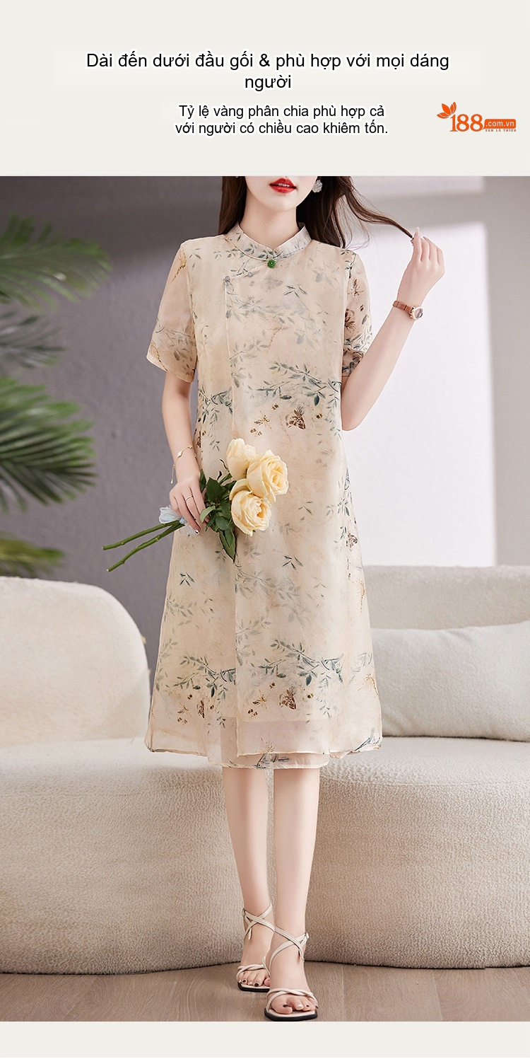 Váy liền thân Nữ Cổ Tàu Tay Ngắn Họa Tiết Hoa Lá Dáng Ôm chi tiết 10