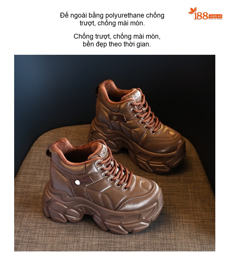Giày Sneaker Nữ Da Bóng Đế Cao Khoảng 8.5cm Lót Lông Giữ Ấm Màu Đen, Nâu chi tiết 12