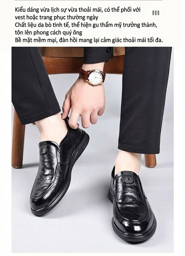 Giày Tây Buộc Dây Nam Da Bò Chiều Cao Đế Khoảng 3cm Màu Đen chi tiết 4