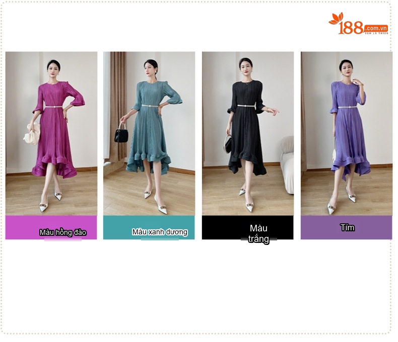 Váy Midi Nữ Thiết Kế Xếp Ly Eo Thun Phong Cách Pháp Màu Tím, Xanh, Đen chi tiết 3