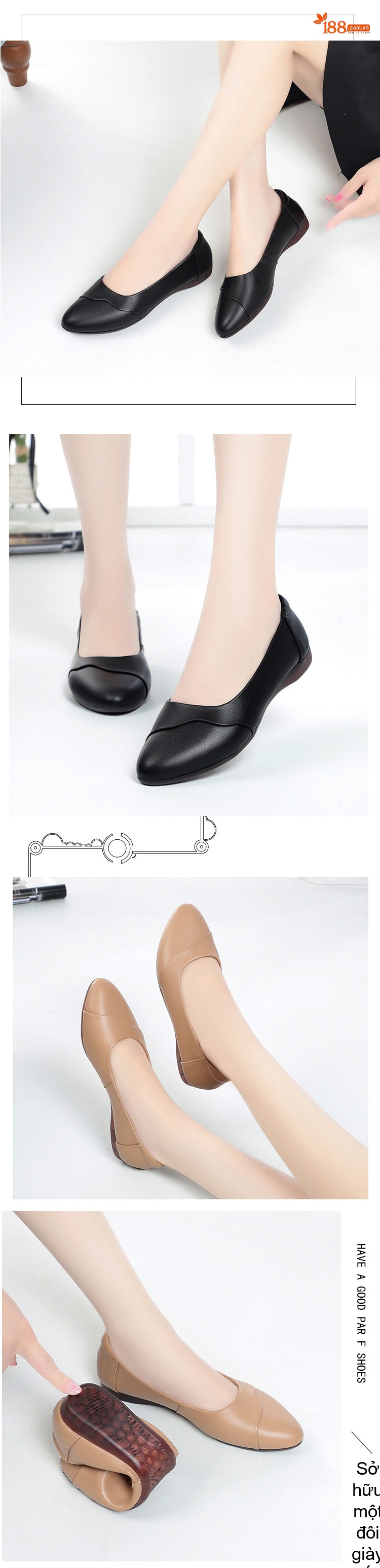 Giày Búp Bê Nữ Da Mềm Đế Mềm Thoải Mái Chiều Cao Đế Khoảng 1cm Màu Kem, Đen, Nâu chi tiết 6
