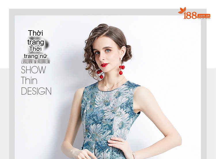 Váy liền thân Nữ Jacquard Phong Cách Cổ Điển Tay Lửng Không Tay Màu Xanh, Trắng chi tiết 6