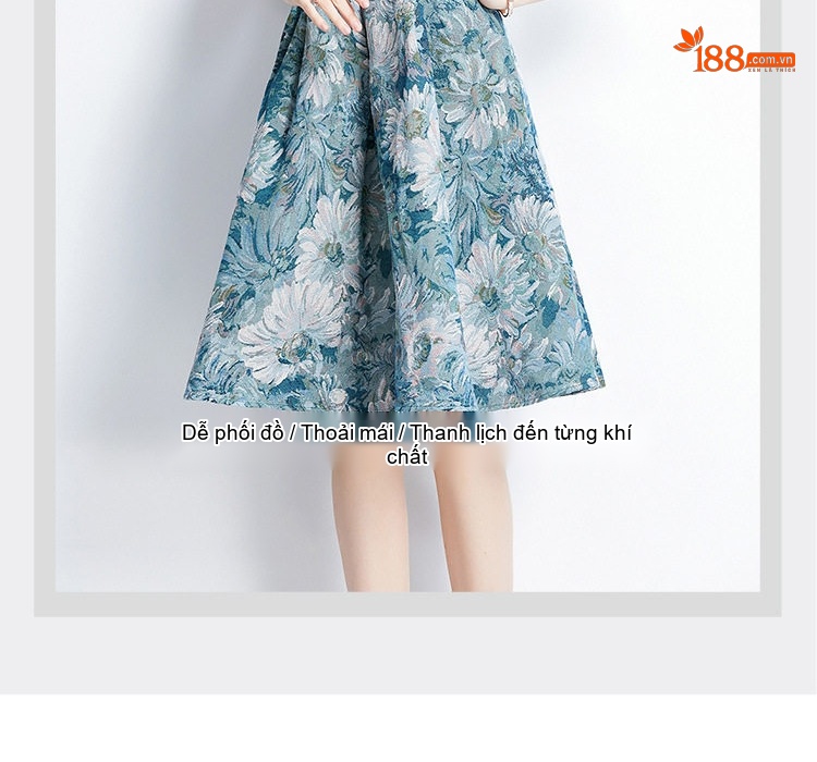 Váy liền thân Nữ Jacquard Phong Cách Cổ Điển Tay Lửng Không Tay Màu Xanh, Trắng chi tiết 7