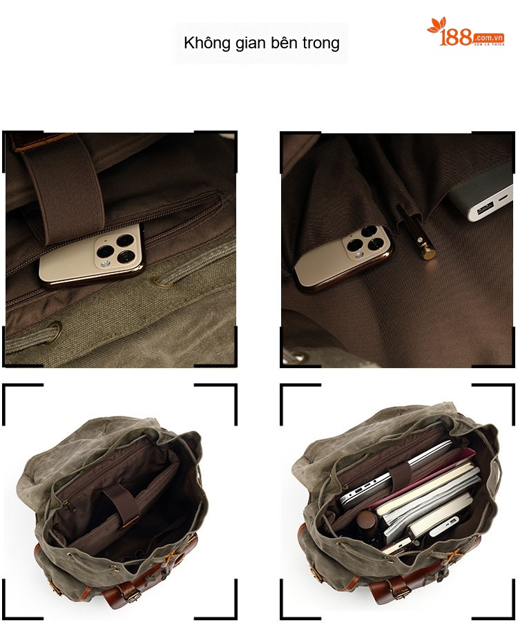 Balo Đôi Nam Vải Canvas Đi Phượt Du Lịch Leo Núi Đựng Laptop Phối Da Thật Màu Xanh Rêu, Nâu, Xám, Đen... chi tiết 14