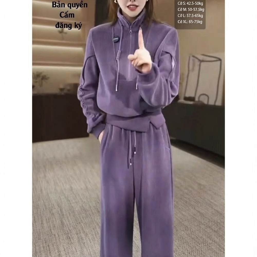 Bộ Đồ Nữ Áo Hoodie Dài Tay Khóa Kéo Lửng Quần Dài Ống Rộng Lót Lông Màu Tím