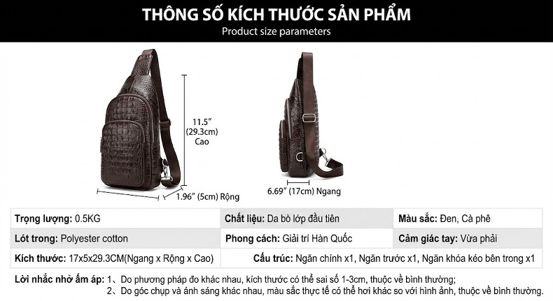 Túi Đeo Ngực Nam Da Thật Vân Cá Sấu Phong Cách Thể Thao chi tiết 12
