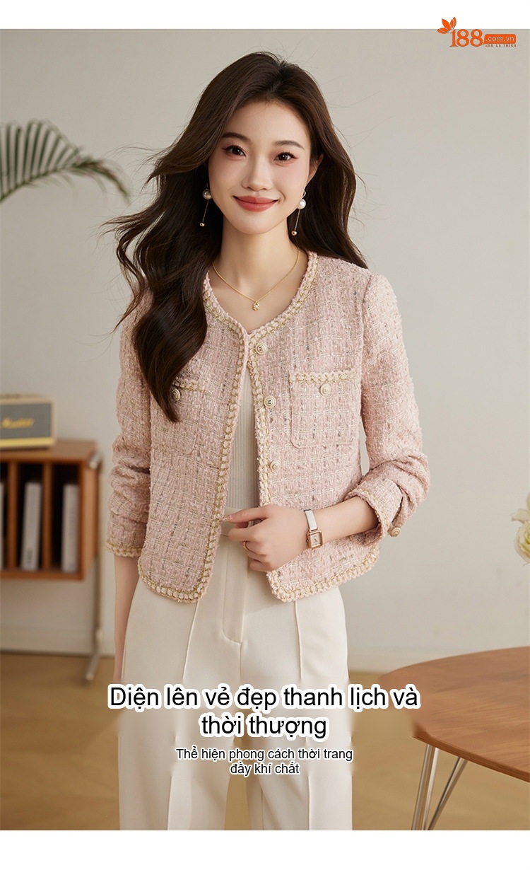 Áo Khoác Tiểu Thư Viền Ngọc Trai Thiết Kế Dáng Ngắn Thanh Lịch Màu Hồng, Kem chi tiết 6