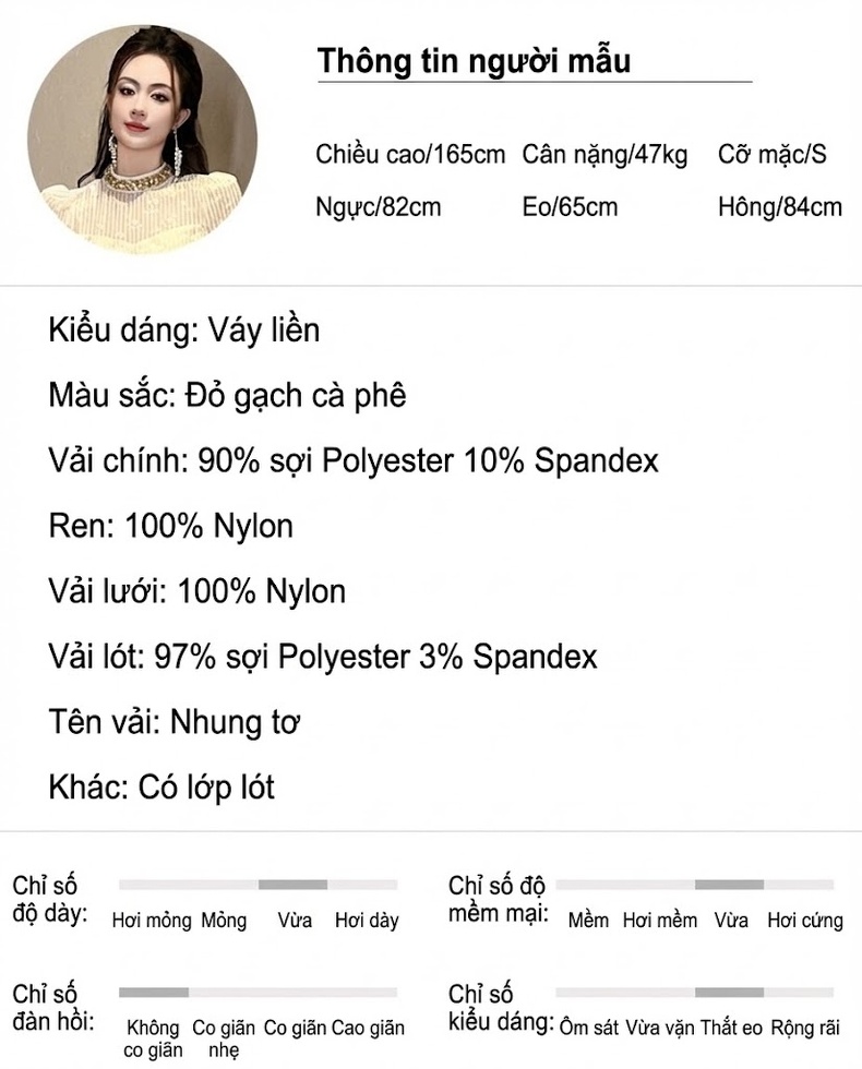 Đầm Ôm Body Nữ Tay Dài Cổ Tròn Phối Ren Chất Liệu Nhung Giả Hai Lớp Màu Đỏ Gạch chi tiết 2