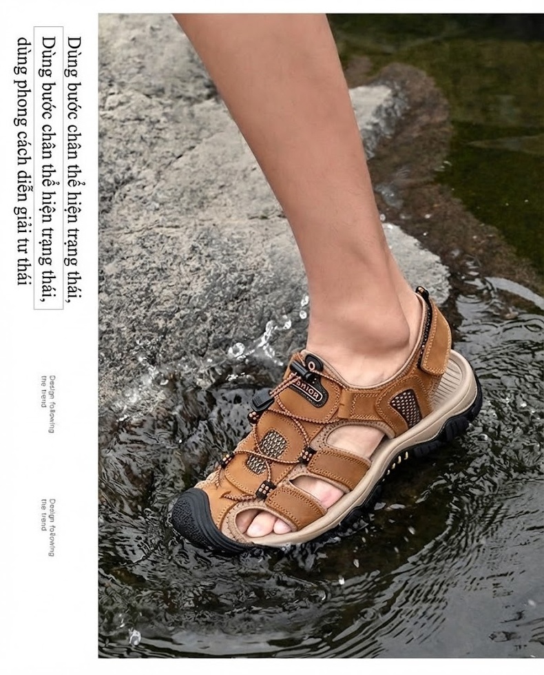 Sandal Nam Da Bò Mũi Bọc Dây Rút Thể Thao Thoáng Khí Đế Cao 3cm chi tiết 25