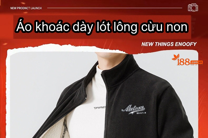 Áo Khoác Lông Cừu Non Nam Dáng Đứng Cổ Khóa Kéo Giữ Ấm Thêu Chữ Màu Xám, Đen chi tiết 1