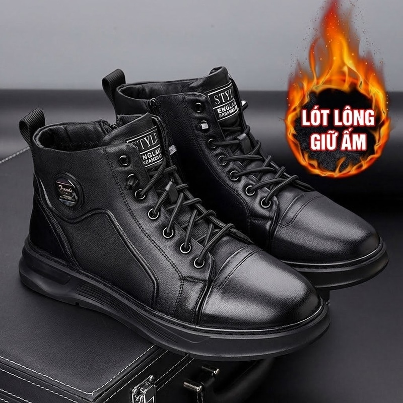 Giày Boot Nam Cao Cổ Da Thật Lót Lông Chiều Cao Đế Khoảng 3cm Màu Đen