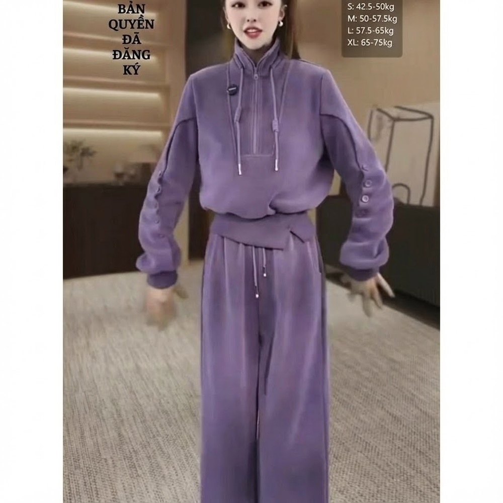 Bộ Đồ Nữ Áo Hoodie Dài Tay Khóa Kéo Lửng Quần Dài Ống Rộng Lót Lông Màu Tím