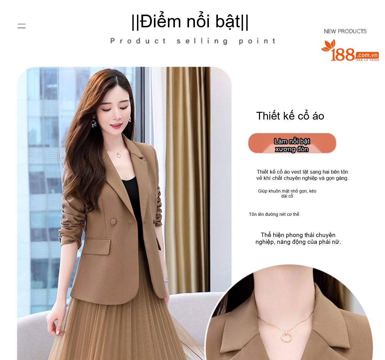 Bộ Vest Blazer Nữ Chân Váy Lưới Dáng Dài Thời Trang Thu Đông Màu Nâu, Đen, Xanh, Cam chi tiết 11