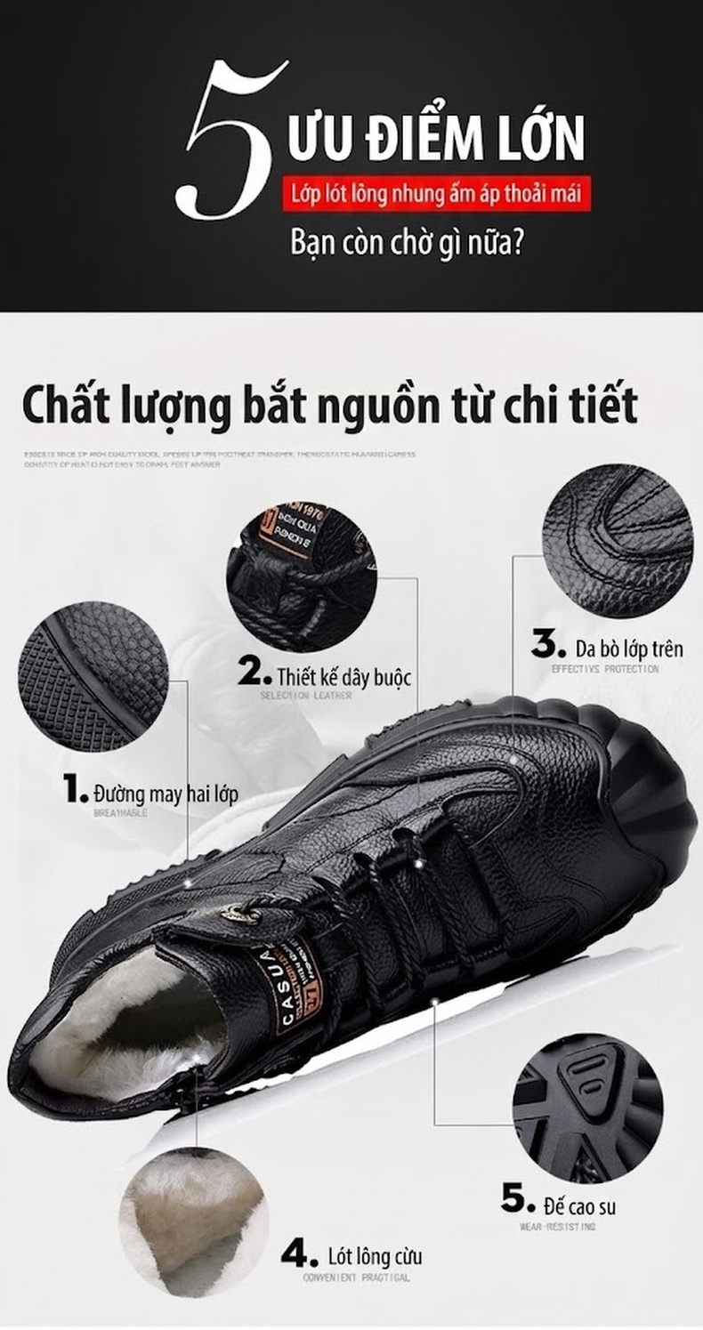 Giày Boot Nam Cao Cổ Da Mờ Lót Lông Ấm Áp Chiều Cao Đế Khoảng 3cm Màu Đen chi tiết 6