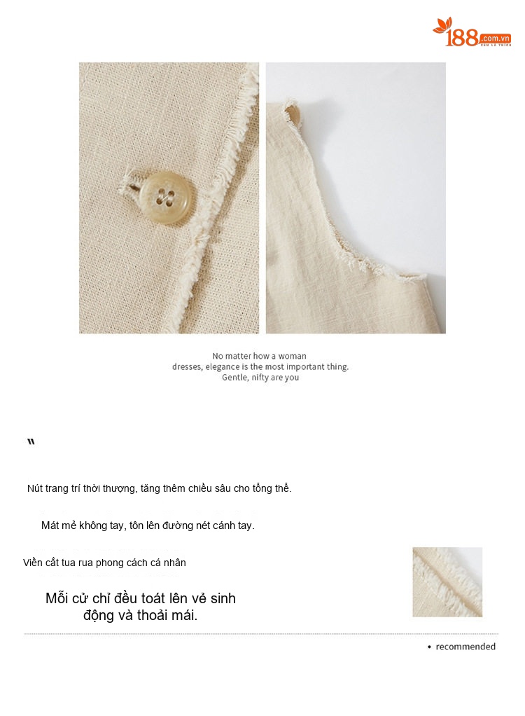 Bộ Quần Áo Nữ Cotton Linen Ống Rộng Áo Không Tay Phong Cách Thanh Lịch Màu Be, Xanh Navy chi tiết 8