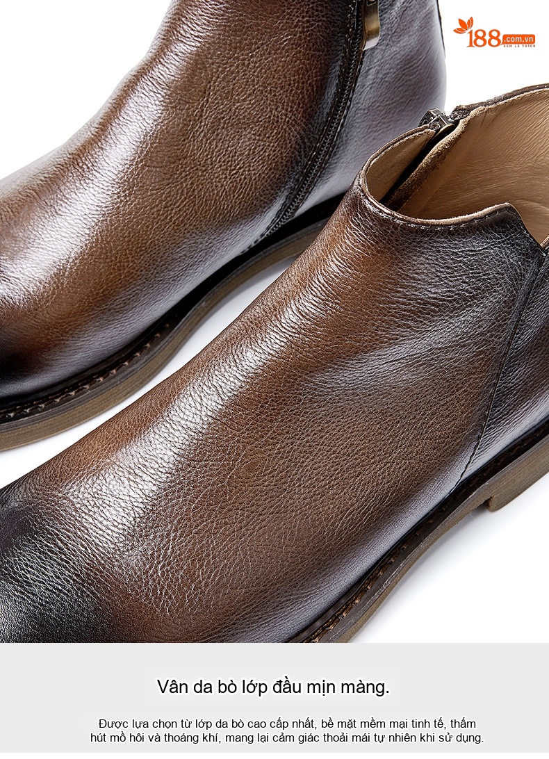 Boot Nam Da Bò Cao Cổ Chiều Cao Đế Khoảng 3cm Dáng Chelsea Màu Đen, Nâu chi tiết 10