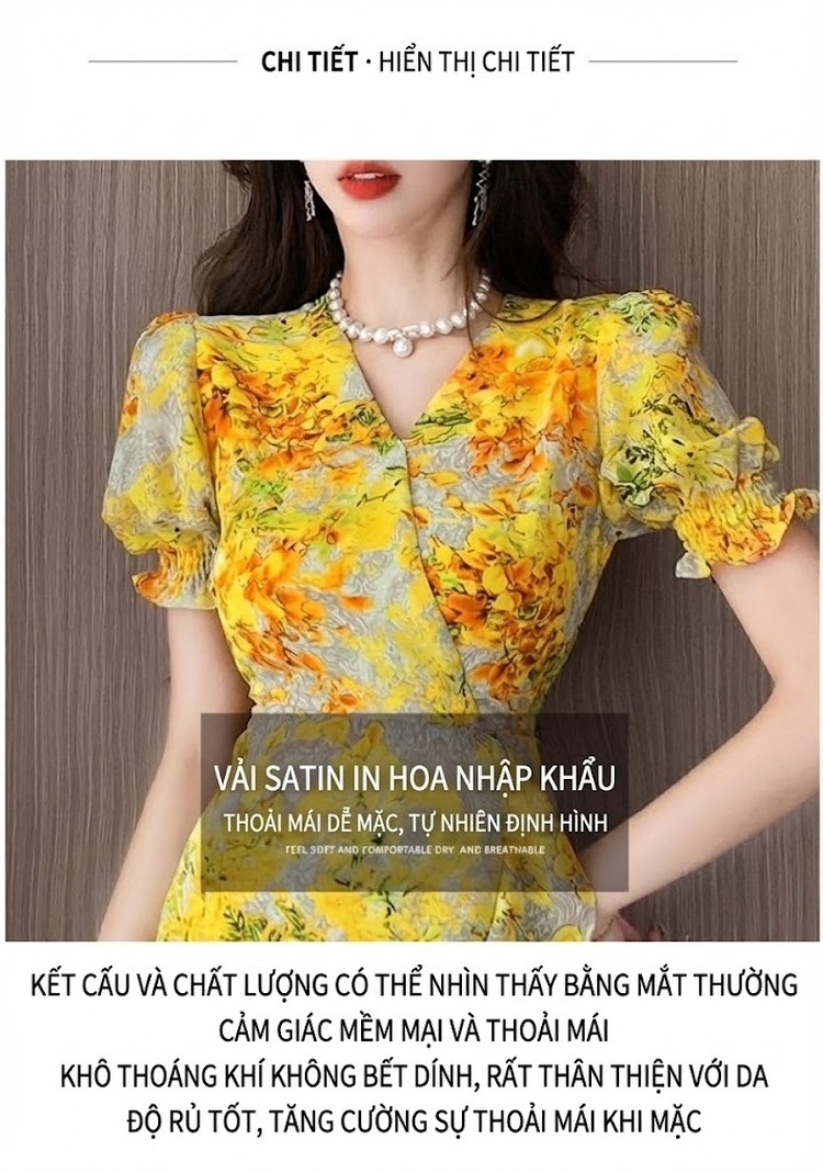 Váy Voan Hoa Nhí Nữ Tay Ngắn Xẻ Tà Dáng Ôm Dự Tiệc Màu Vàng, Xám chi tiết 2