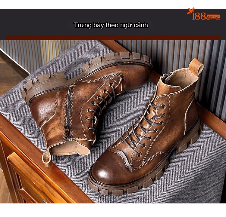 Giày Boot Martin Nam Da Thật Cổ Cao Đế Dày Phong Cách Retro Chiều Cao Đế Khoảng 5cm Màu Nâu, Đen chi tiết 6
