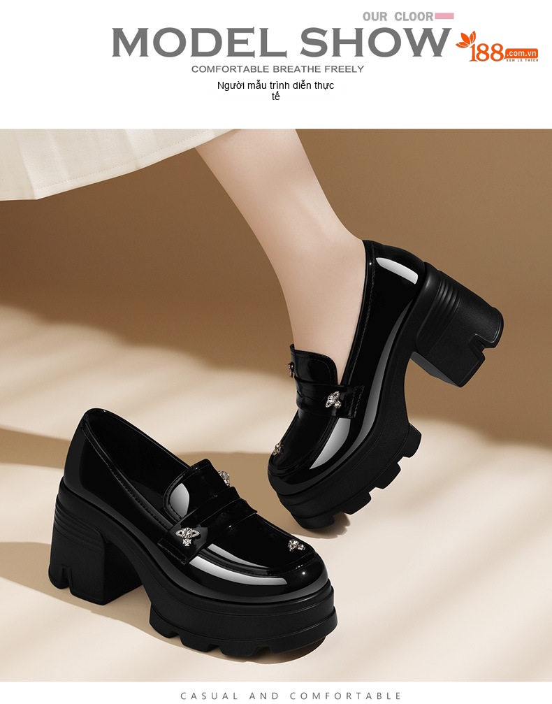 Giày Loafer Nữ Da Bóng Đế Cao Chiều Cao Đế Khoảng 6cm Màu Đen chi tiết 3