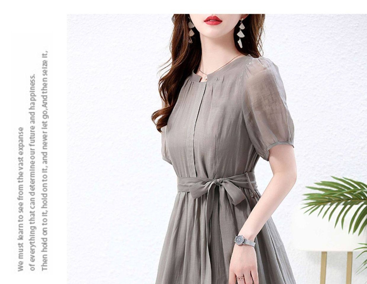 Váy Liền Thân Nữ dáng chữ A Chiết Eo Thanh Lịch Màu Xám, Be, Trắng chi tiết 14