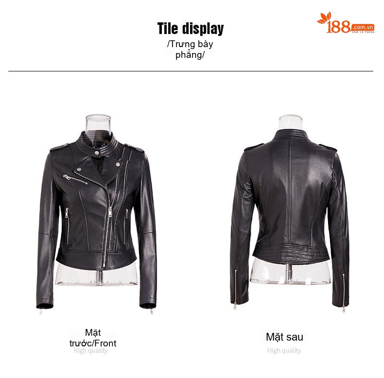 Áo Khoác Da Cừu Nữ Dáng Ngắn Cổ chữ Vest Phong Cách Rider Màu Đen chi tiết 19