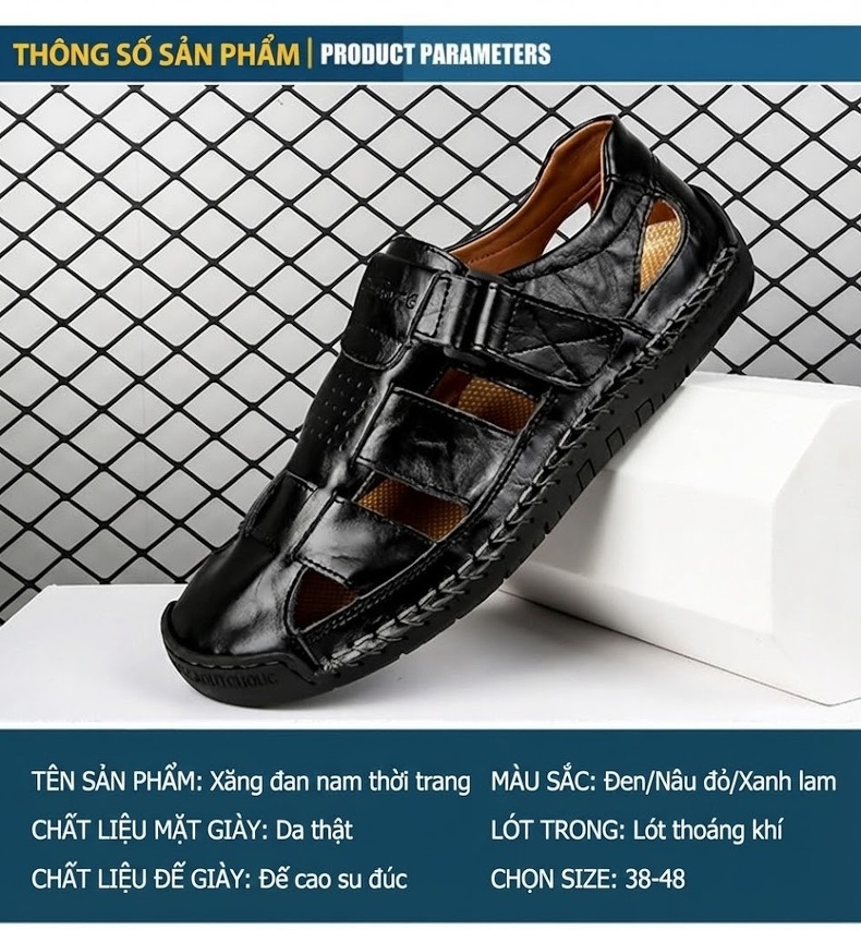 Sandal Nam Da Thật Thủ Công Chiều Cao Đế Khoảng 3cm Màu Nâu, Đen, Xanh Navy... chi tiết 8