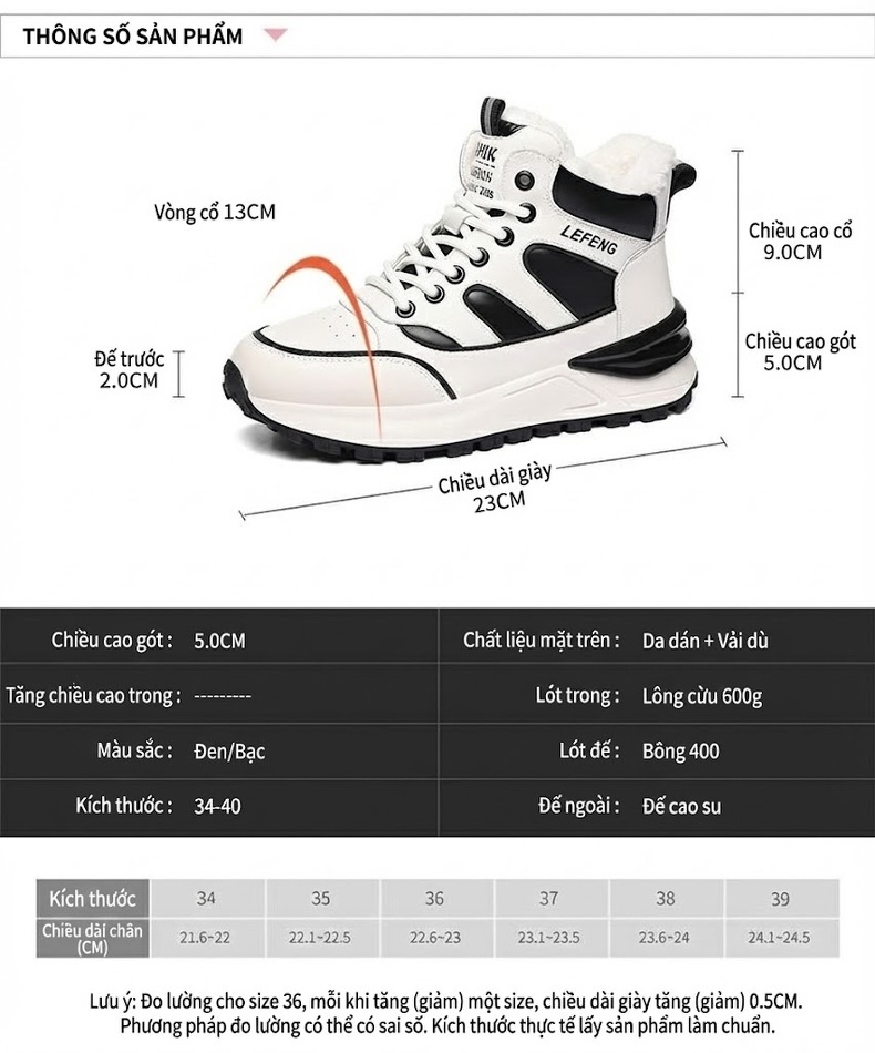 Giày Sneaker Nữ Đế Bằng Lót Lông Chiều Cao Đế Khoảng 4cm Màu Trắng, Đen, Xám chi tiết 3